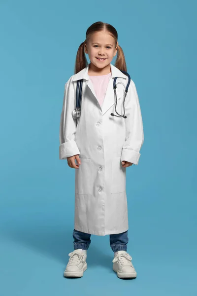 Little Girl Medical Uniform Stethoscope Light Blue Background — Stock Photo, Image