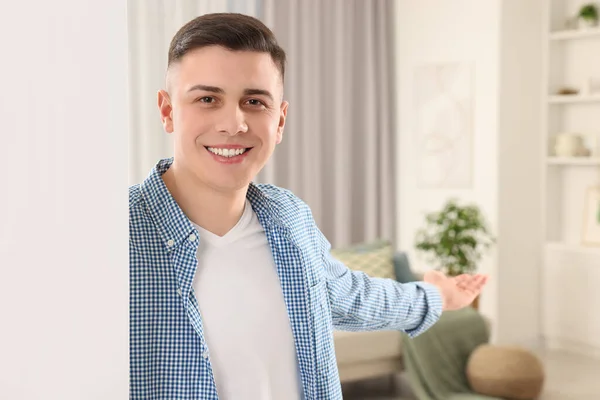 Handsome Man Inviting Come Room Home — Stock Photo, Image