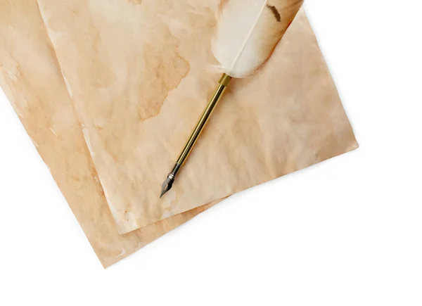 Parchments Feather Pen White Background Top View — Stock Photo, Image