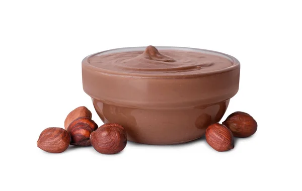 Bowl Tasty Chocolate Paste Nuts Isolated White — Stock Photo, Image
