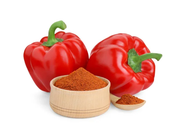 Bowl Spoon Aromatic Paprika Powder Fresh Bell Peppers Isolated White — Stock Photo, Image