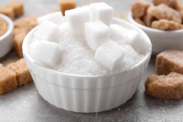 Different Types Sugar Grey Table Closeup — Stock Photo, Image