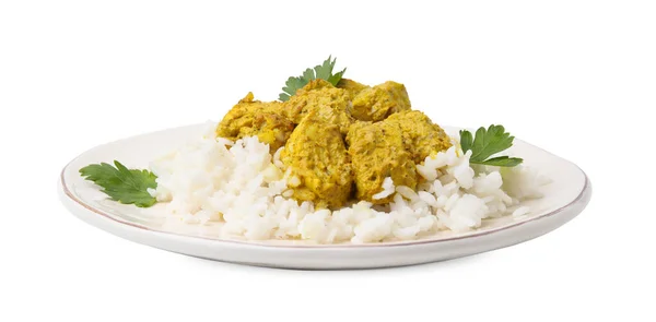 Läckert Ris Och Kyckling Med Currysås Isolerad Vitt — Stockfoto