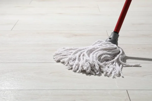 Cleaning White Parquet Floor Mop Closeup Space Text — Stock Photo, Image