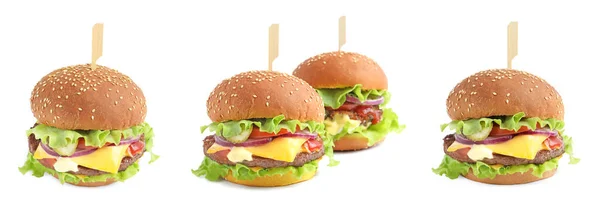 Colagem Com Deliciosos Hambúrgueres Fundo Branco — Fotografia de Stock