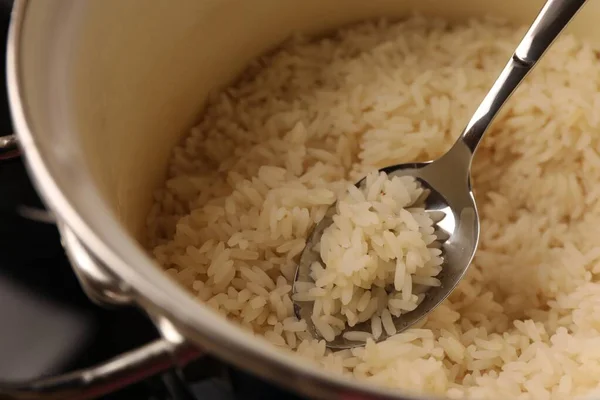 Pot Delicious Rice Spoon Closeup — Stock Photo, Image