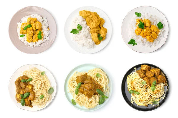 Zestaw Pysznych Potraw Curry Białym Tle Widok Góry — Zdjęcie stockowe