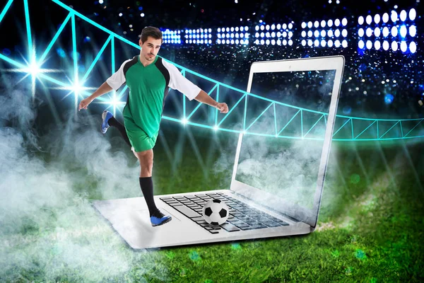 Apostas Desportivas Jogador Futebol Executando Laptop Para Marcar Gol Sob — Fotografia de Stock