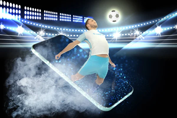 Sportspel Fotbollsspelare Spricker Från Smartphone Stadion Lampor — Stockfoto