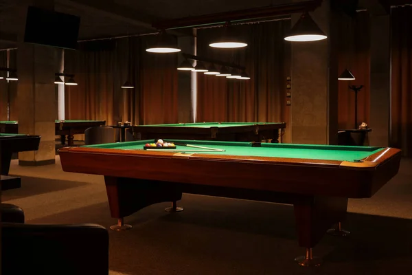 Billiard Tables Balls Cues Club — 스톡 사진