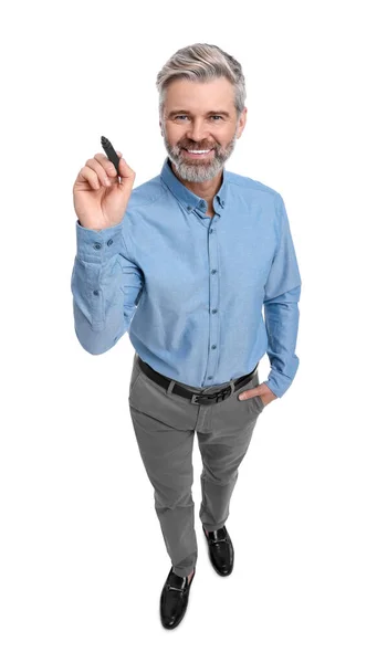 Älterer Geschäftsmann Mit Filzstift Auf Weißem Hintergrund Ansicht Oben — Stockfoto