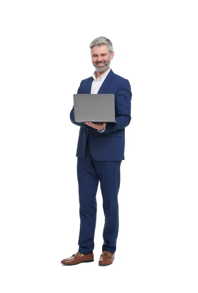 stock image Mature businessman in stylish clothes with laptop on white background