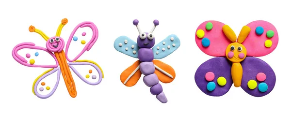 Set Different Colorful Plasticine Butterflies White Background Top View — Stock Photo, Image