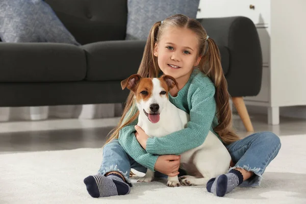 Cute Girl Hugging Her Dog Floor Home Adorable Pet — Fotografia de Stock