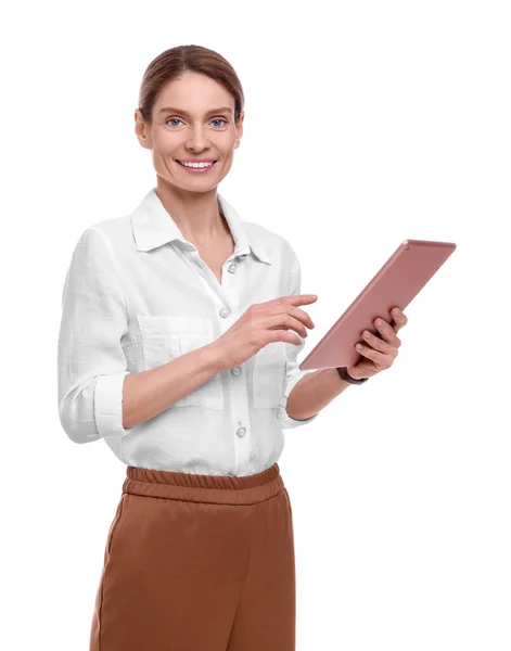 Vacker Glad Affärskvinna Med Tablett Vit Bakgrund — Stockfoto