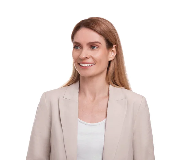 Stock image Portrait of beautiful happy businesswoman on white background