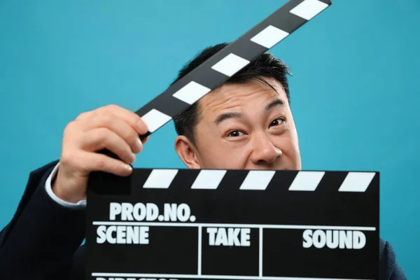 Asian Actor Clapperboard Light Blue Background Film Industry — Stock Photo, Image
