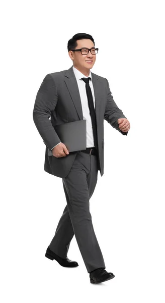 Geschäftsmann Anzug Mit Laptop Auf Weißem Hintergrund — Stockfoto
