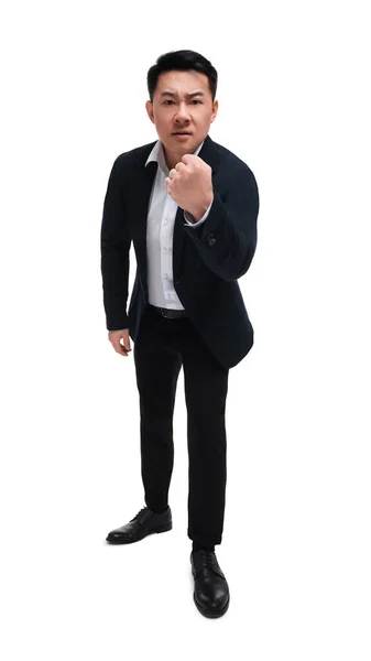 Wütender Geschäftsmann Anzug Posiert Auf Weißem Hintergrund Flacher Blickwinkel — Stockfoto