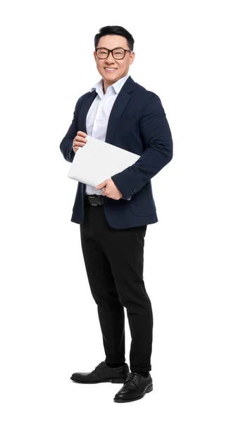 Uomo Affari Giacca Cravatta Con Laptop Sfondo Bianco — Foto Stock
