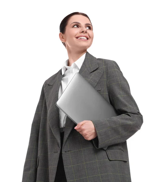 Mulher Negócios Bonita Com Laptop Fundo Branco Visão Baixo Ângulo — Fotografia de Stock