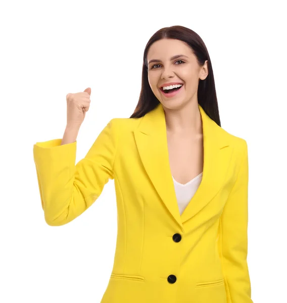Krásná Šťastná Podnikatelka Žlutém Obleku Bílém Pozadí — Stock fotografie