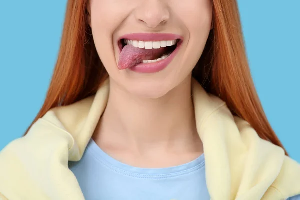 Happy Woman Showing Her Tongue Light Blue Background Closeup — Stock Photo, Image