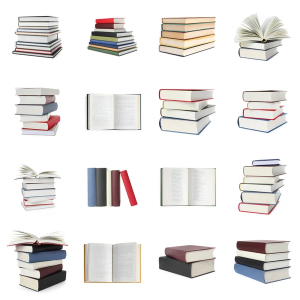 Kollázs Különböző Könyvek Elszigetelt Fehér — Stock Fotó