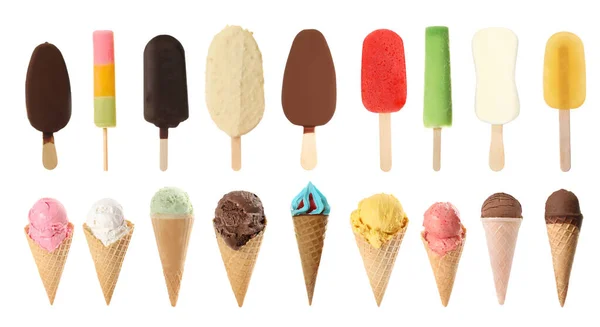 一套白色背景的不同口味的冰淇淋 — 图库照片
