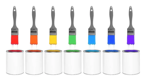 Escovas Com Tintas Coloridas Sobre Latas Fundo Branco — Fotografia de Stock