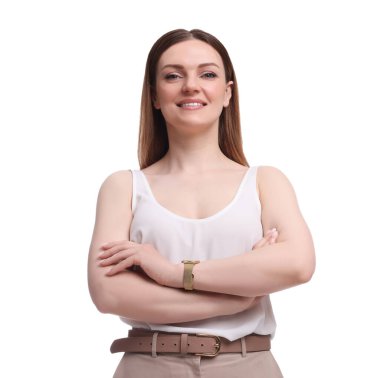 Güzel mutlu iş kadını beyaz arka planda kollarını kavuşturuyor.