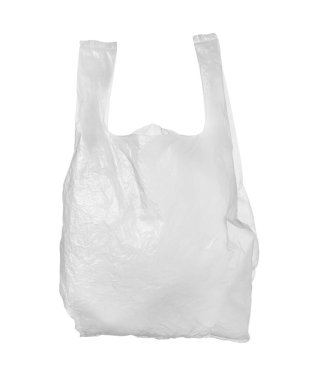 Beyaza izole edilmiş boş bir plastik torba.