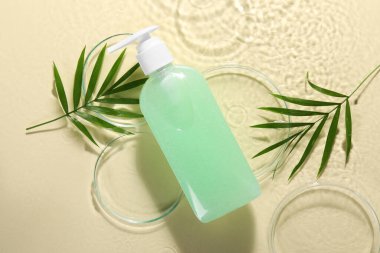 Bir şişe yüz temizleme ürünü, taze yapraklar ve bej arka plana karşı suda petri kapları, düz uzanma