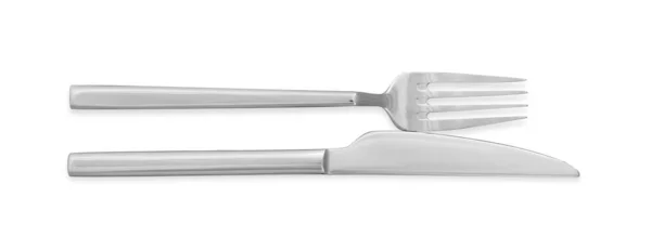 Knife Fork Isolated White Top View Stylish Shiny Cutlery Set — 图库照片