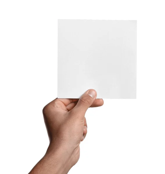 Mężczyzna Trzymający Kartkę Papieru Białym Tle Zbliżenie Makieta Projektowania — Zdjęcie stockowe