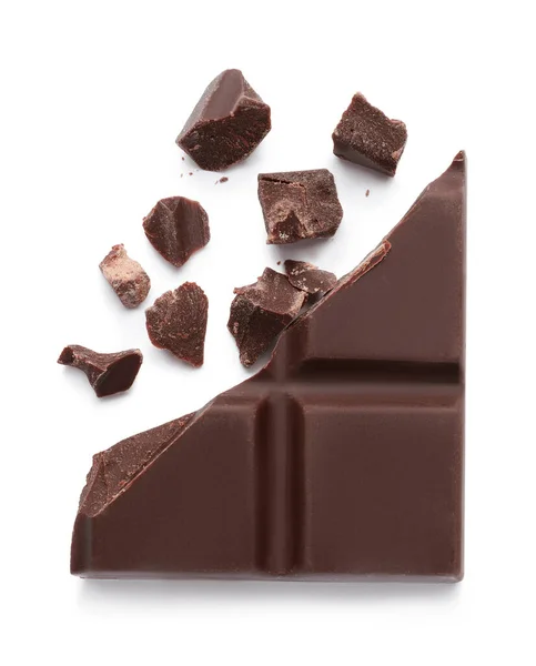 Beyaz Arka Planda Lezzetli Siyah Çikolata Parçaları Üst Manzara — Stok fotoğraf