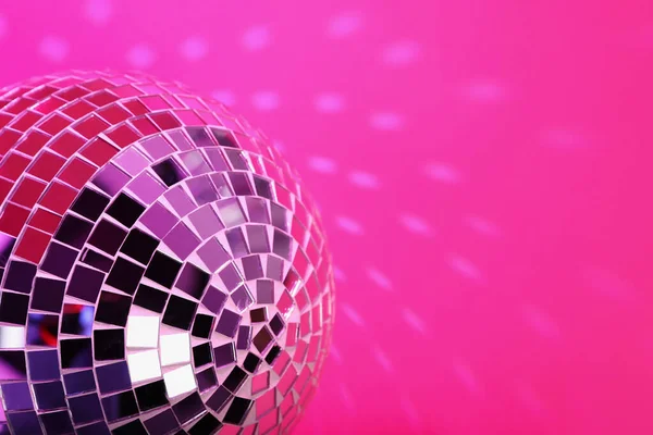 Shiny Disco Ball Pink Background Closeup Space Text — Stock Photo, Image
