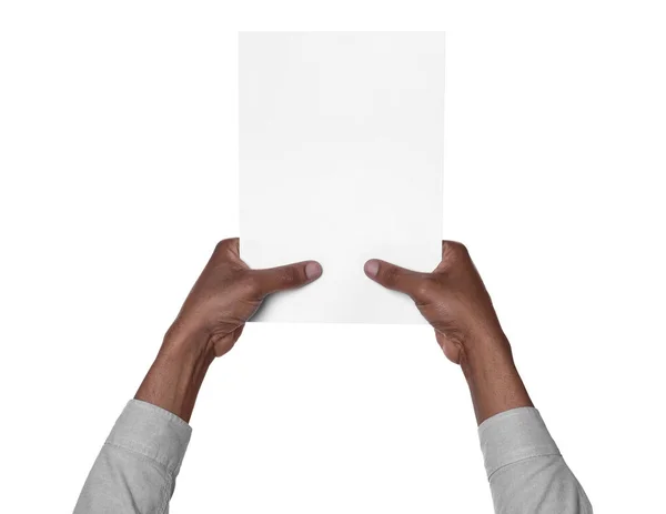 Afroameričan Držící List Papíru Bílém Pozadí Detailní Záběr Mockup Pro — Stock fotografie