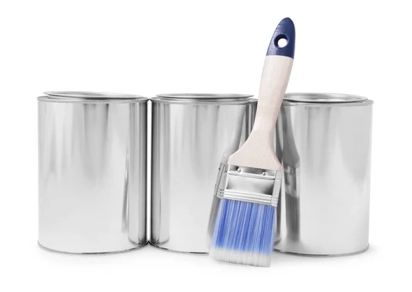 stock image Cans of paints and brush on white background