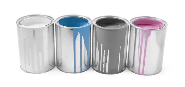 Cans Colorful Paints Isolated White — Stock Photo, Image