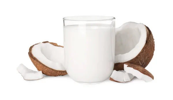 Склянка Смачного Веганського Молока Кокосових Шматочків Білому Тлі — стокове фото