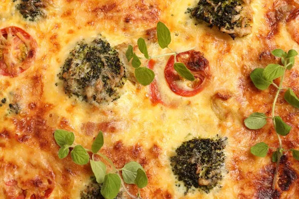 stock image Delicious homemade vegetable quiche as background, closeup