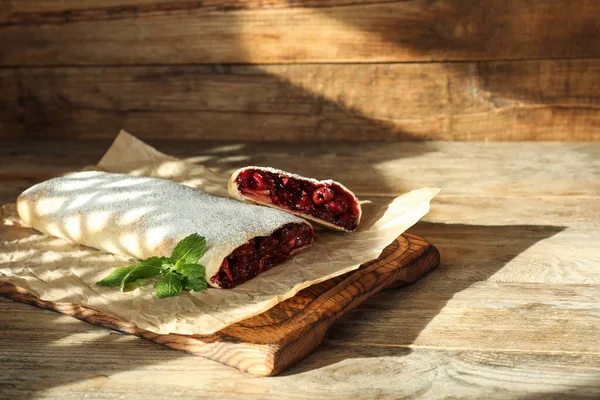 Delicious Strudel Cherries Powdered Sugar Mint Wooden Table Space Text — Stock Photo, Image
