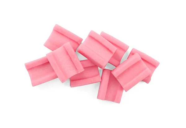 Sok Ízletes Rózsaszín Rágógumi Fehér Háttér Felső Nézet — Stock Fotó