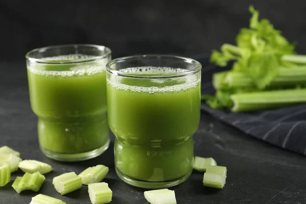 Glasses Delicious Celery Juice Vegetables Black Table Closeup — Stock Photo, Image