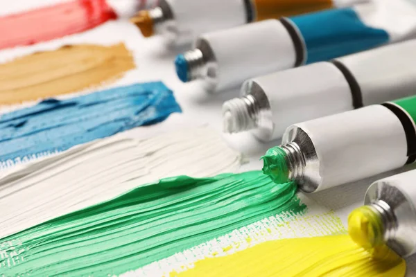 Tubes Oil Paints Strokes White Canvas Closeup — Photo