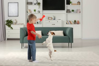 Küçük çocuk evde sevimli köpeğiyle oynuyor, mesaj için yer var. Sevimli hayvan.