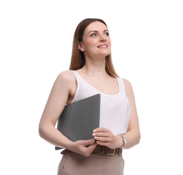Beautiful Businesswoman Laptop White Background Low Angle View — Stock Photo, Image