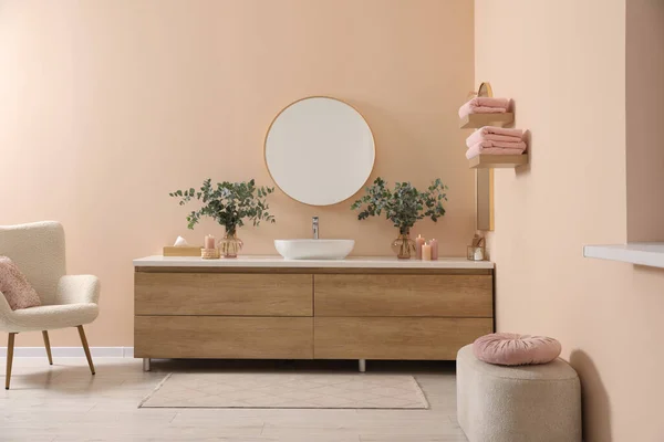Modern Bathroom Interior Stylish Mirror Eucalyptus Branches Vessel Sink Wooden — Stock Fotó