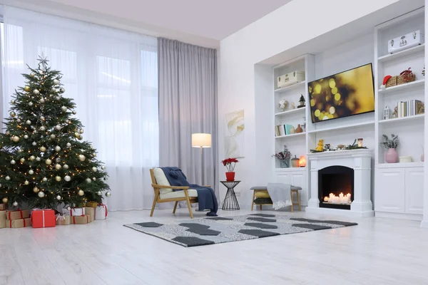 Beautiful Tree Festive Lights Christmas Decor Living Room Interior Design — Φωτογραφία Αρχείου